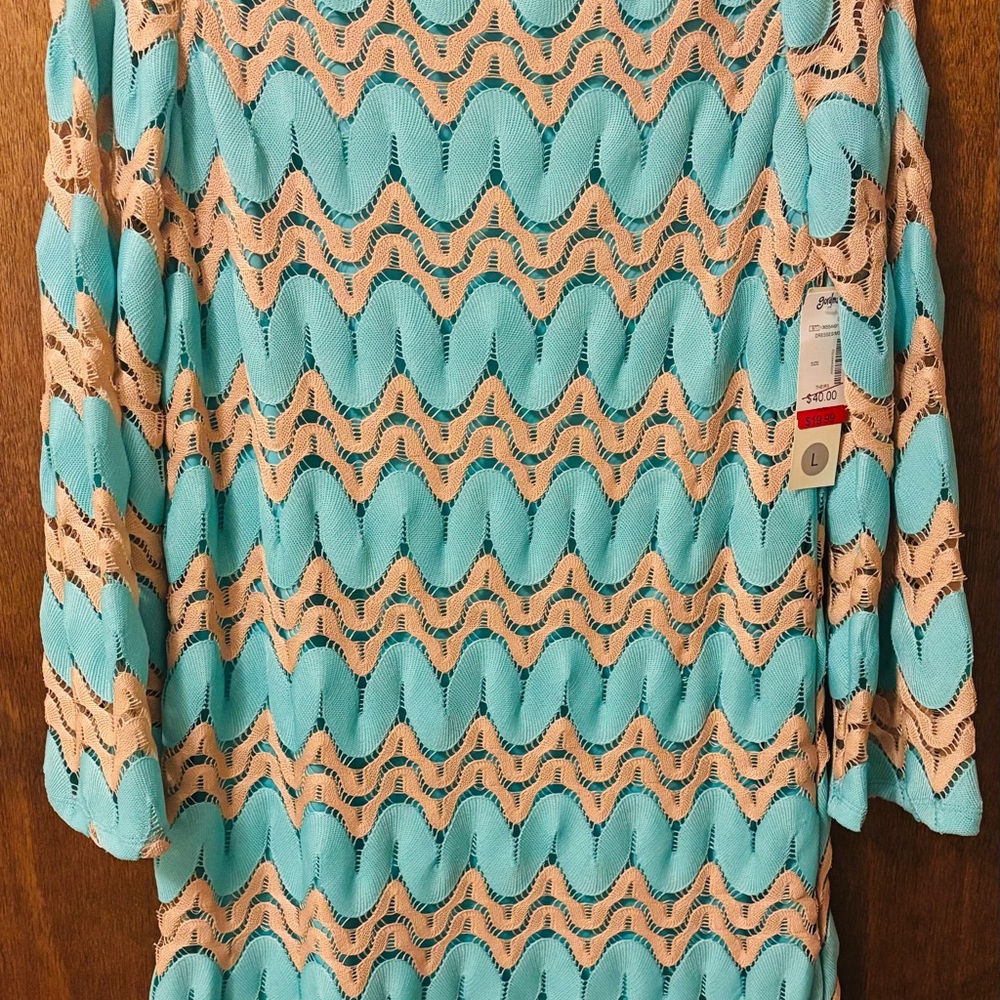 Tacera Teal and Beige Crochet Dress